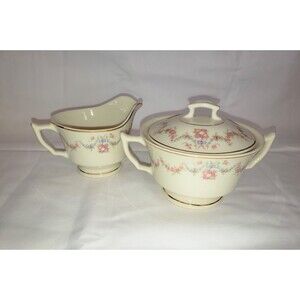 VTG Old Ivory Covered Sugar Bowl Creamer W/Lid Floral Arcadia Syracuse China 50s